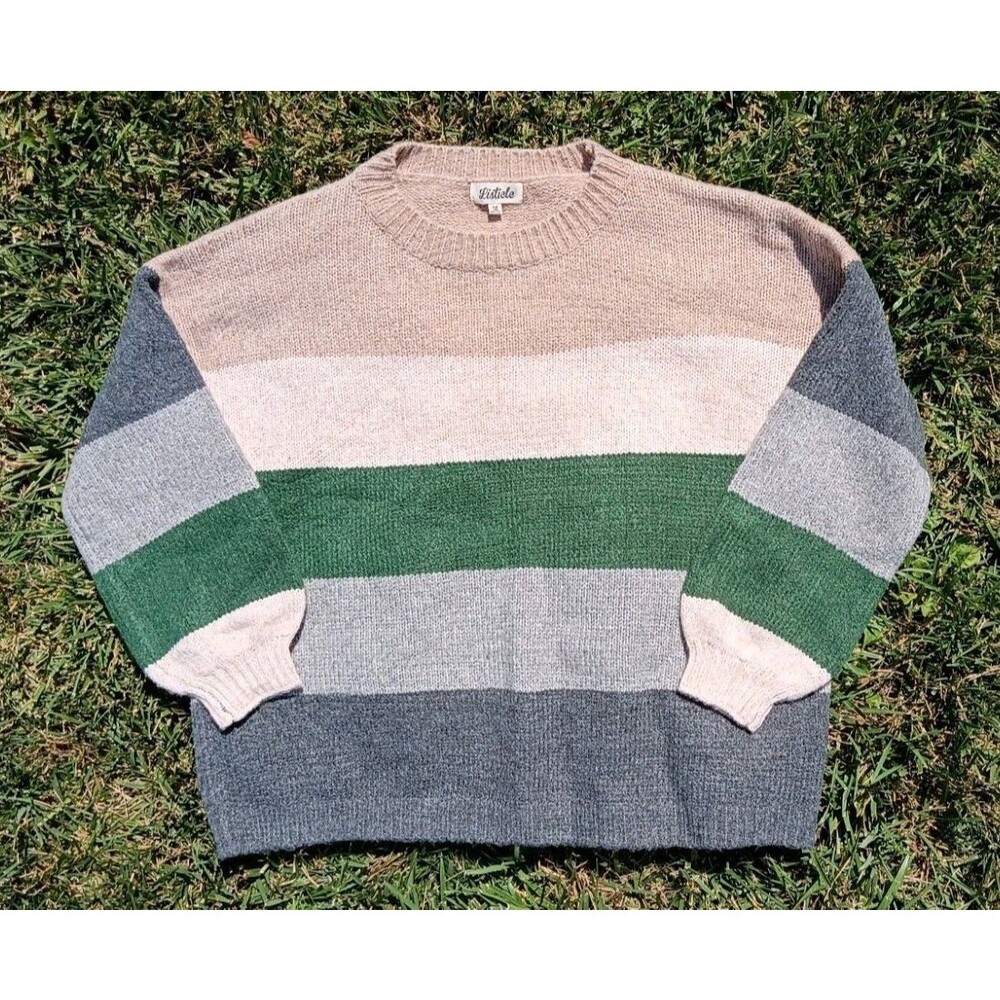 Neutral Colorblock Cozy Soft Knit Sweater Green Gray Beige Crewneck Pullover L